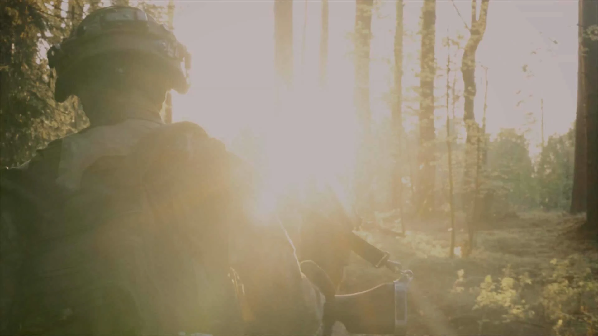 soldier walking in woods