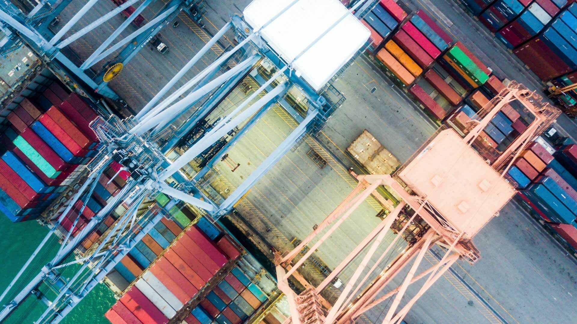 multi colored shipping containers from an aerial view