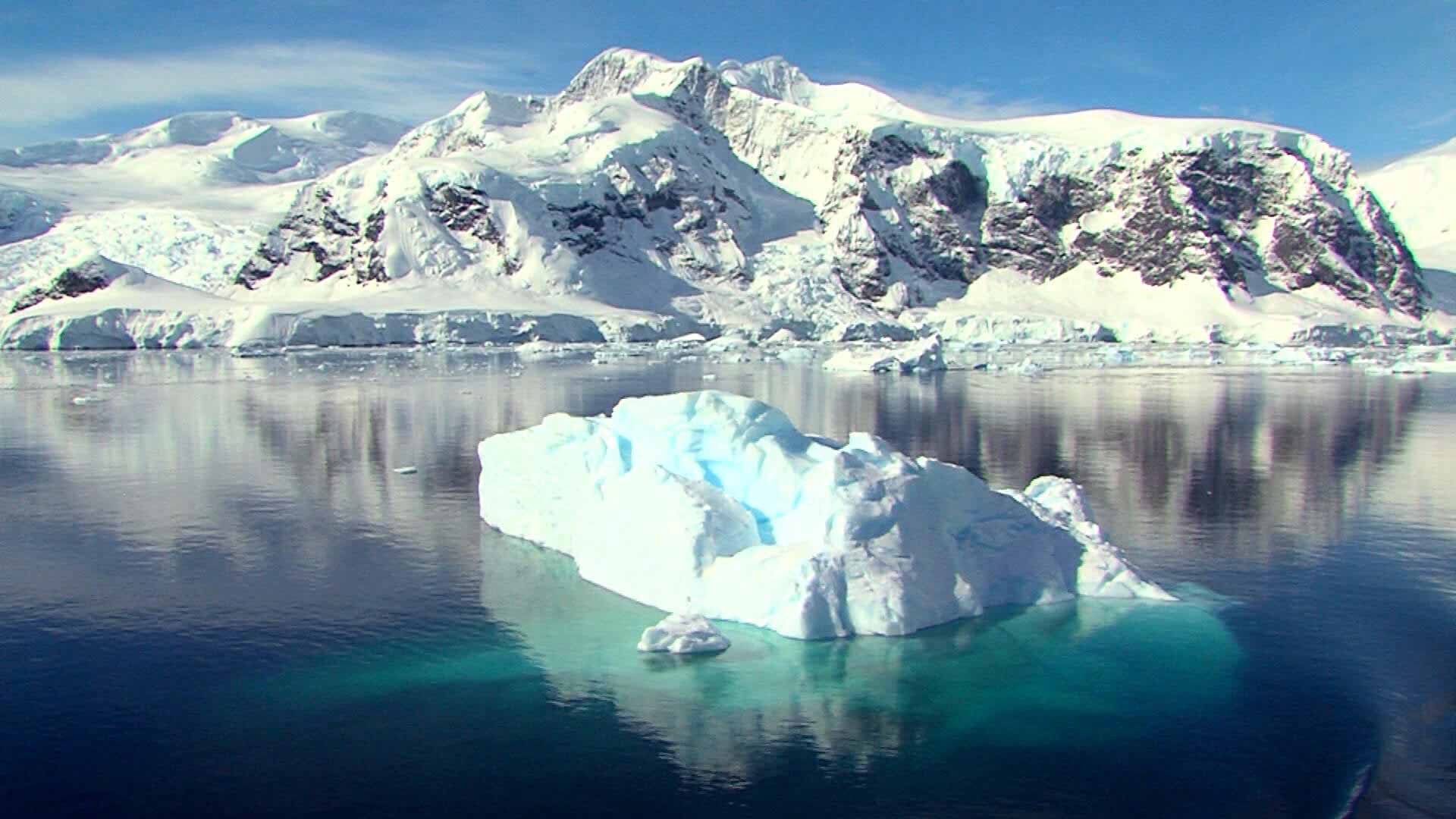 Iceberg in front of snow covered mountains 