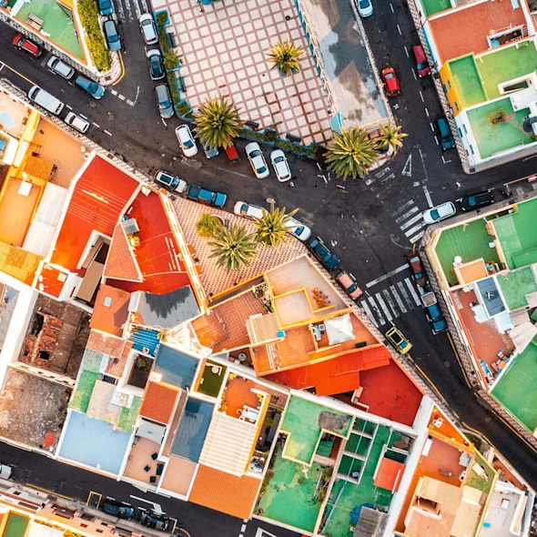 aerial view of colorful rooftops and streets
