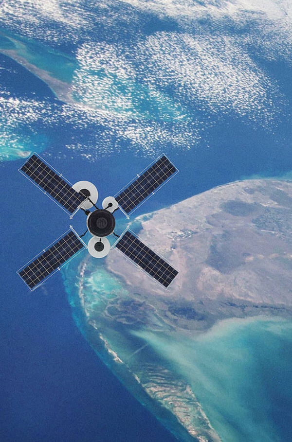 Satellite in flight above land