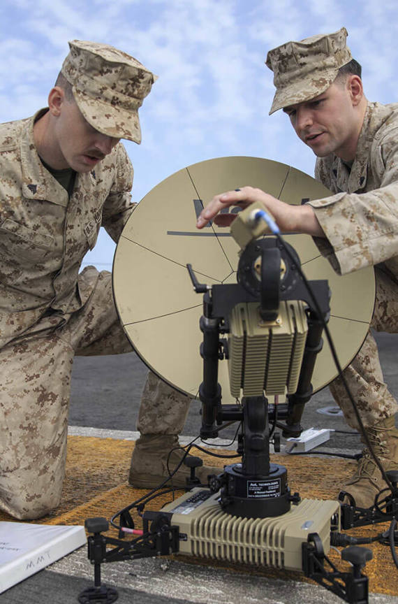 two soldiers setting up a satellite 