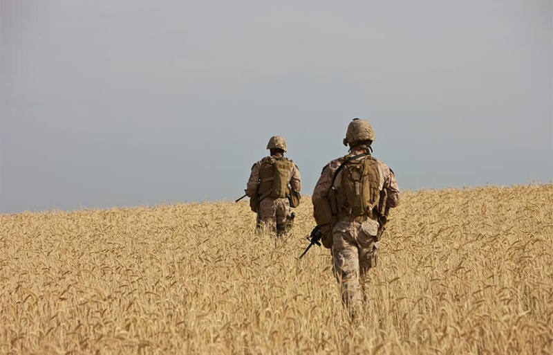 image shows two soldiers walking through field
