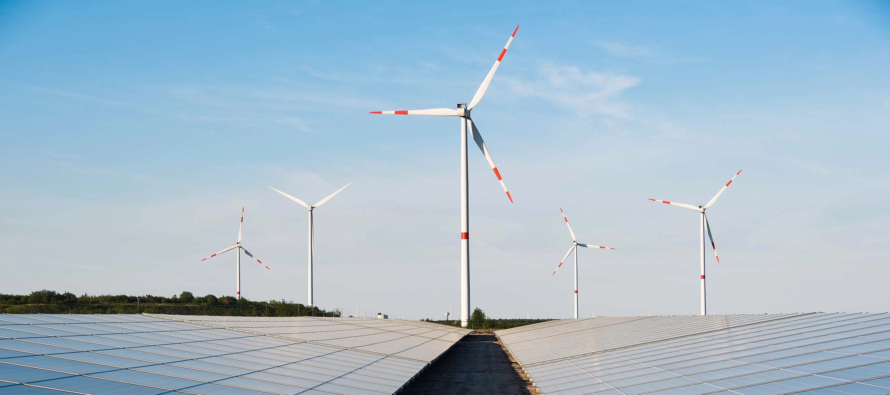 windmills and solar panels with blue skies