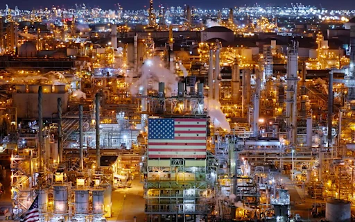 Aerial Shot of Oil Refinery in Wilmington, California at Night