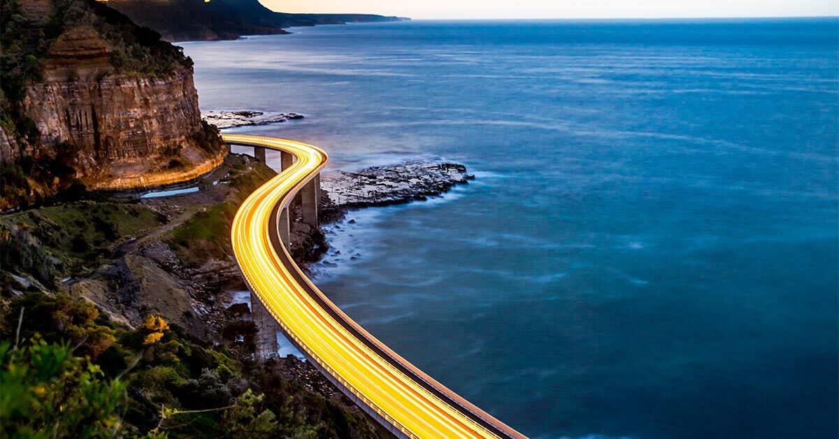 lit up road with water