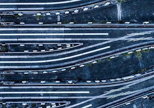 aerial view of roads with merging lanes