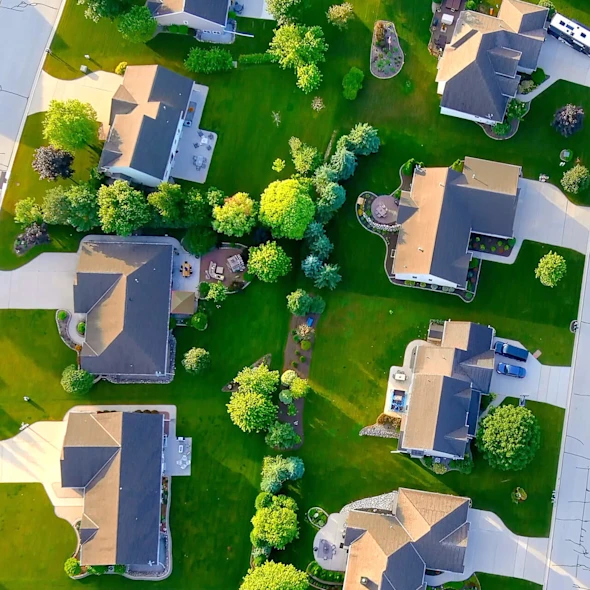 aerial view of a neighborhood of homes