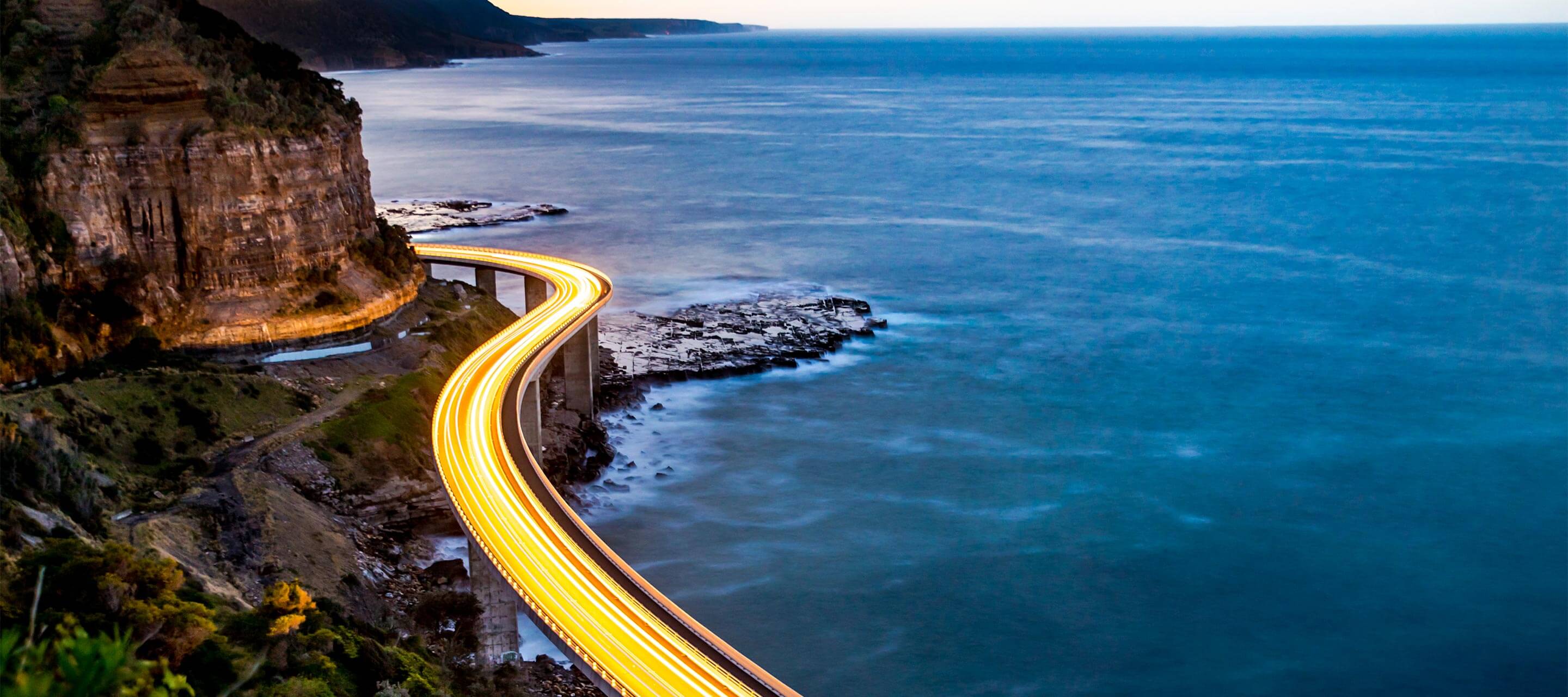 lit up road with water