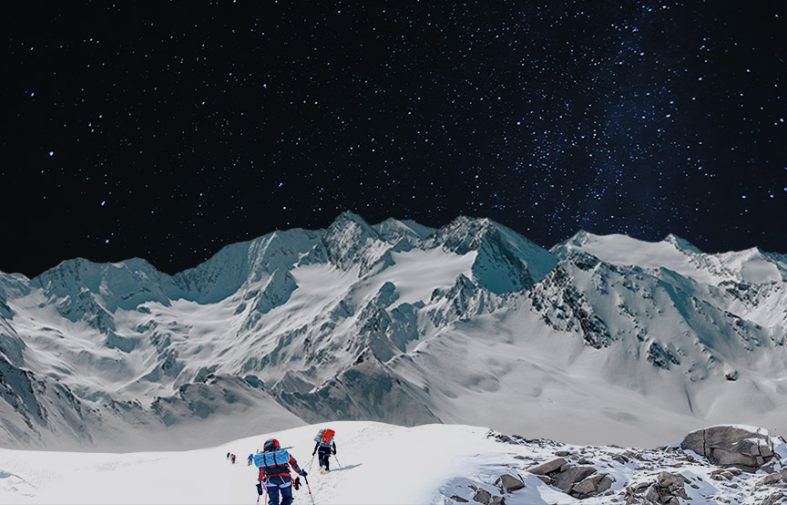 snowy mountain, hikers, night sky
