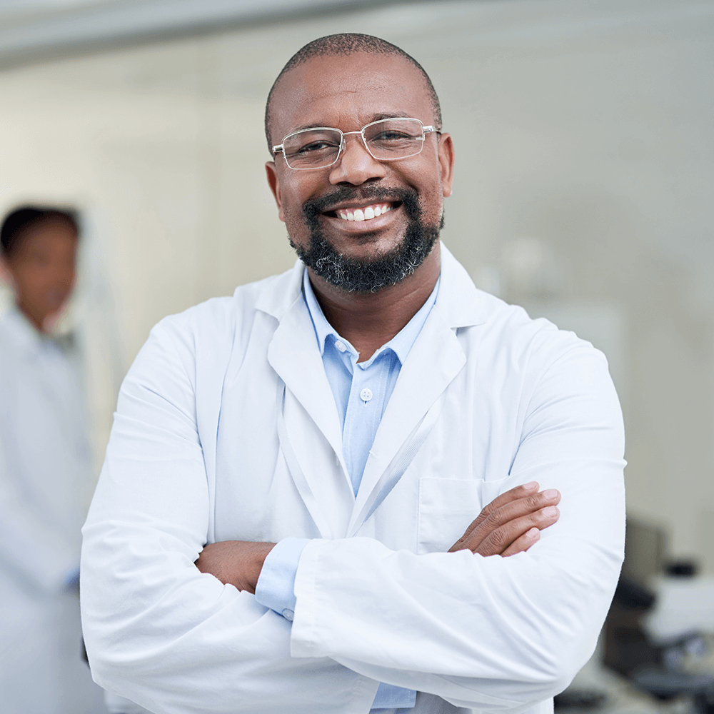 male scientist in white lab coat 