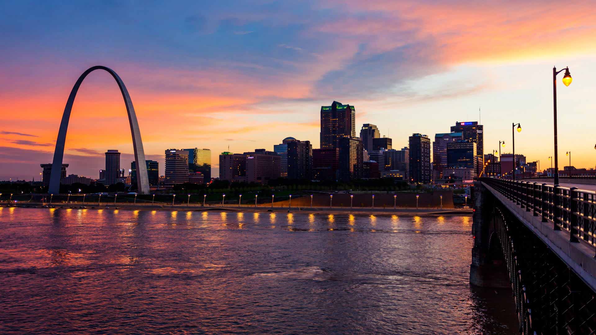 St Louis skyline over the river at sunset