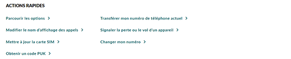 Parcourir les options >  Transférer mon numéro de téléphone actuel >  Modifier le nom d’affichage des appels >  Signaler la perte ou le vol d’un appareil >  Mettre à jour la carte SIM >  Changer mon numéro >  Obtenir un code PUK >