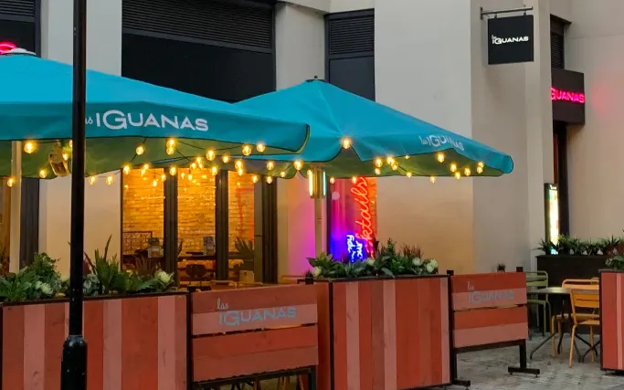 Terrace with parasols and lights outside Las Iguanas Leamington Spa