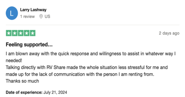 RVshare review from Trustpilot