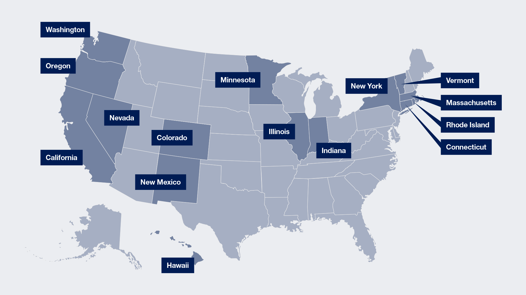 Map of the United States that highlights states with merger reporting regimes