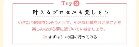 [Try3] 叶えるプロセスも楽しもう：きなり結果を出そうとせず、小さな目標を叶えることを楽しみながら夢に近づいていきましょう。 Ex.まずは3つの国に行ってみる