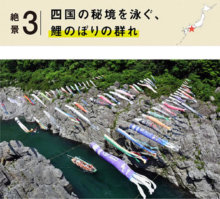 絶景３：四国の秘境を泳ぐ、鯉のぼりの群れ