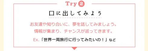 [Try2] 口に出してみよう：友達や知り合いに、夢を話してみましょう。情報が集まり、チャンスが巡ってきます。 Ex.「世界一周旅行に行ってみたいの！」など