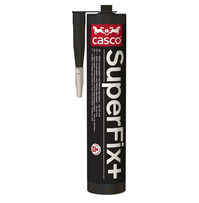 Svart limkartusch med rött Casco-logotyp, vit text “SuperFix+” och avtagbart munstycke.
