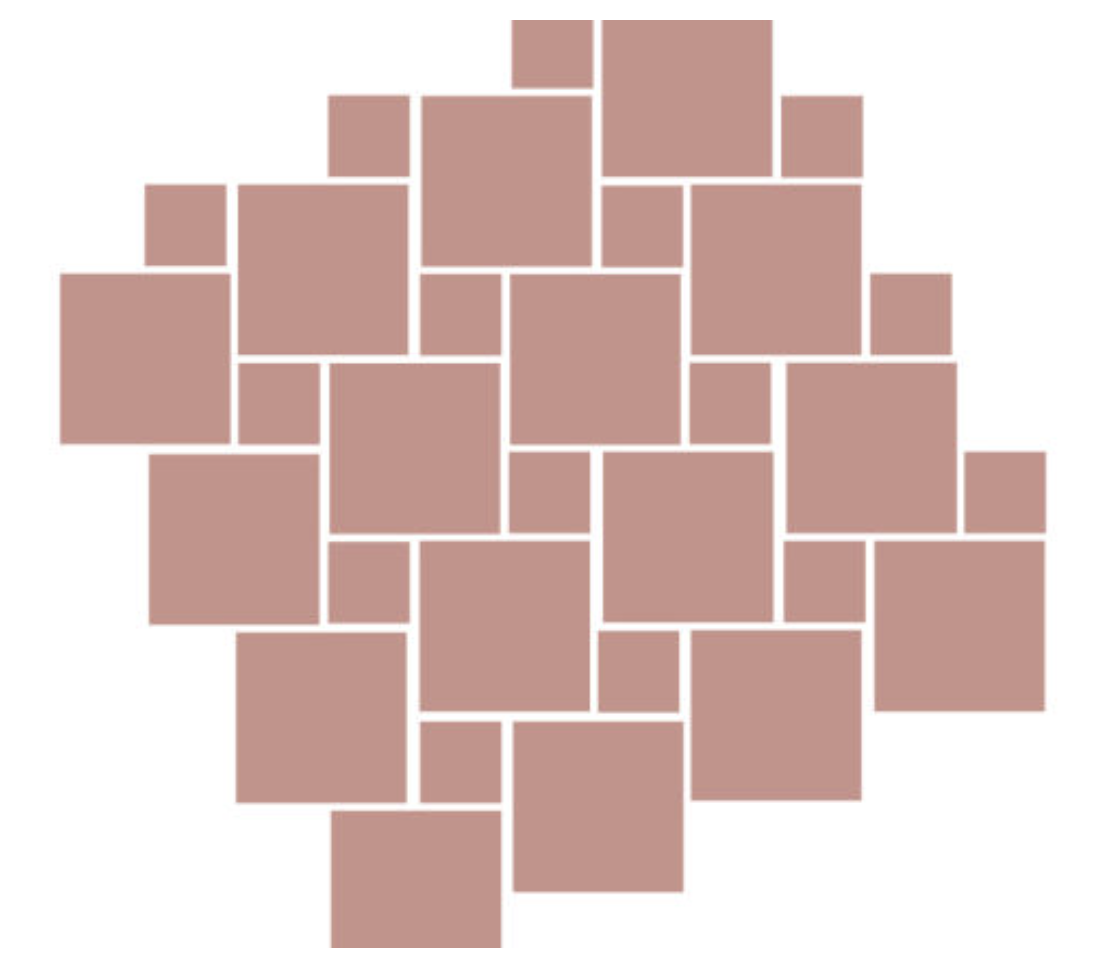 Kluster av rosa-bruna kvadrater i olika storlekar med vita mellanrum.
