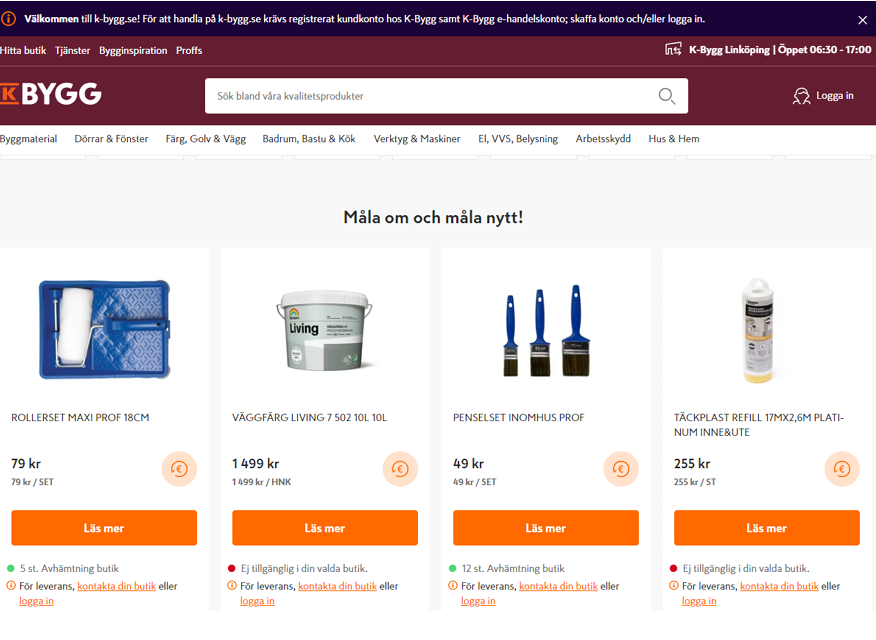 K-Byggs sida med vinrött header, sökfält och fyra produktkort: blå rollerset, vit färghink, blå penslar, vit plasttub