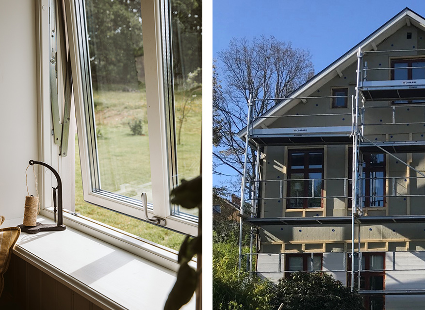 Vitt öppet fönster mot grön trädgård till vänster, gult flerfamiljshus med byggnadsställning till höger