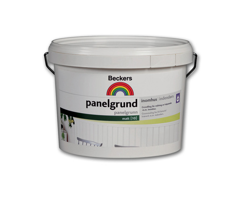 Vit Beckers-burk med regnbåge, text ”panelgrund inomhus” och grön dekor.