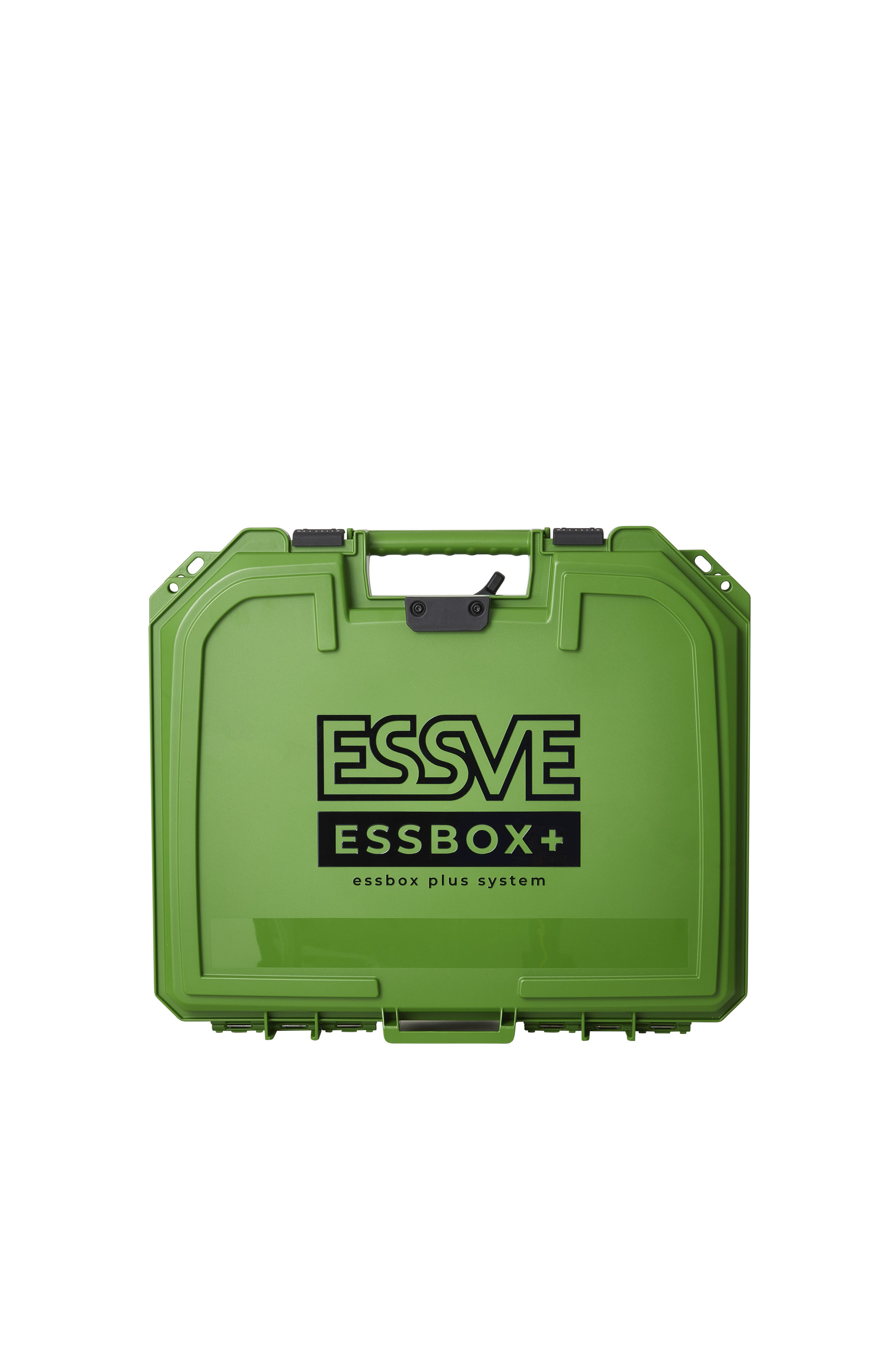 Grön plastverktygslåda med bärhandtag och svart ESSVE ESSBOX+-logotyp.