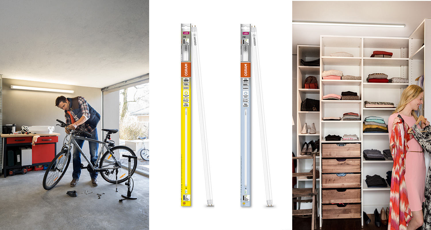 Man mekar med cykel under LED-rör i garage, två förpackade vita LED-rör, vit garderob med kläder