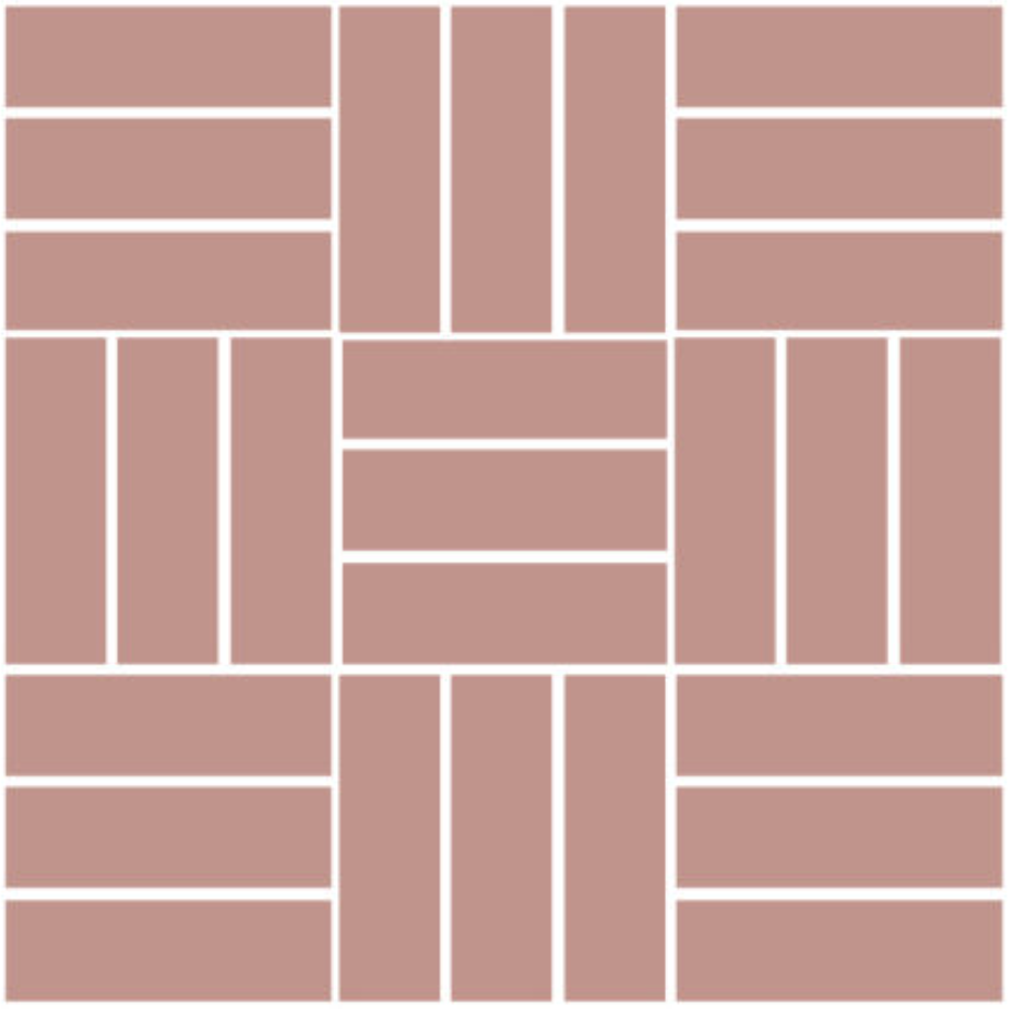 Symmetriskt mönster av rosa-terrakottafärgade rektanglar i vitt rutnät.