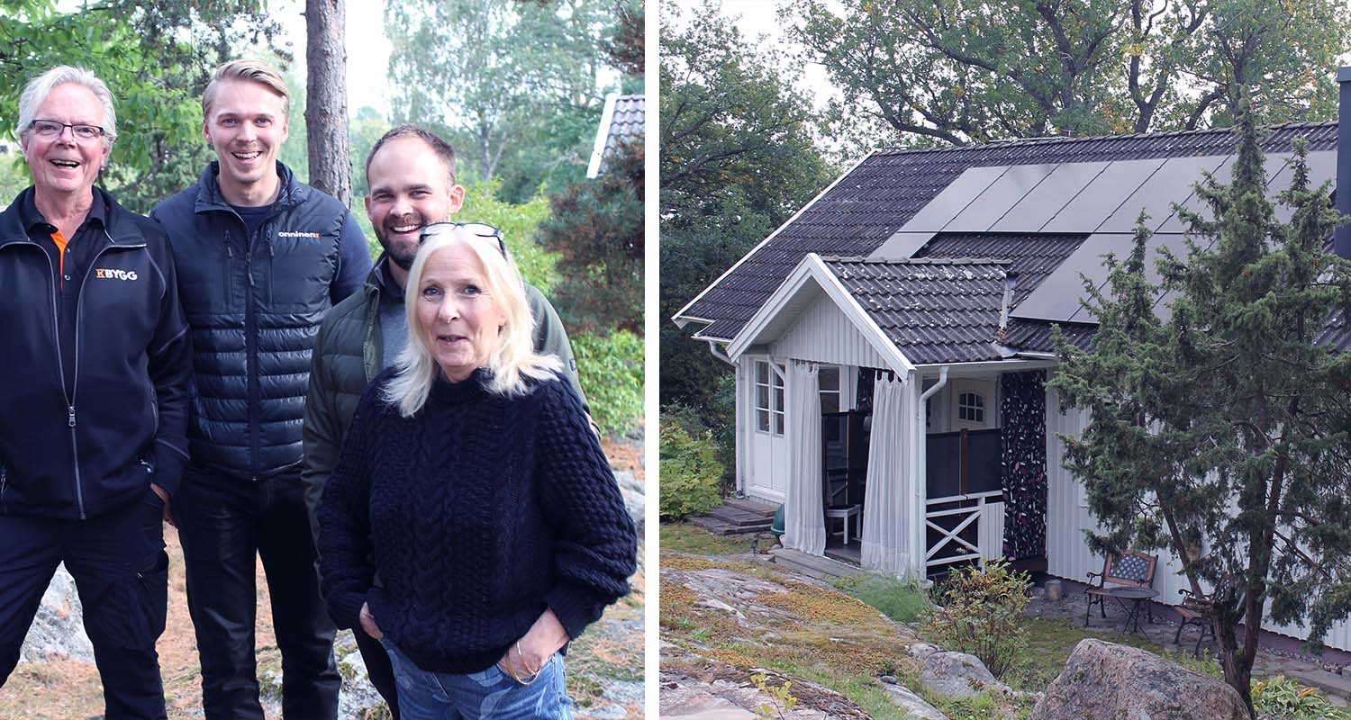 Fyra personer i höstskogslandskap; bredvid dem vit trästuga med solpaneler, veranda med gardiner.