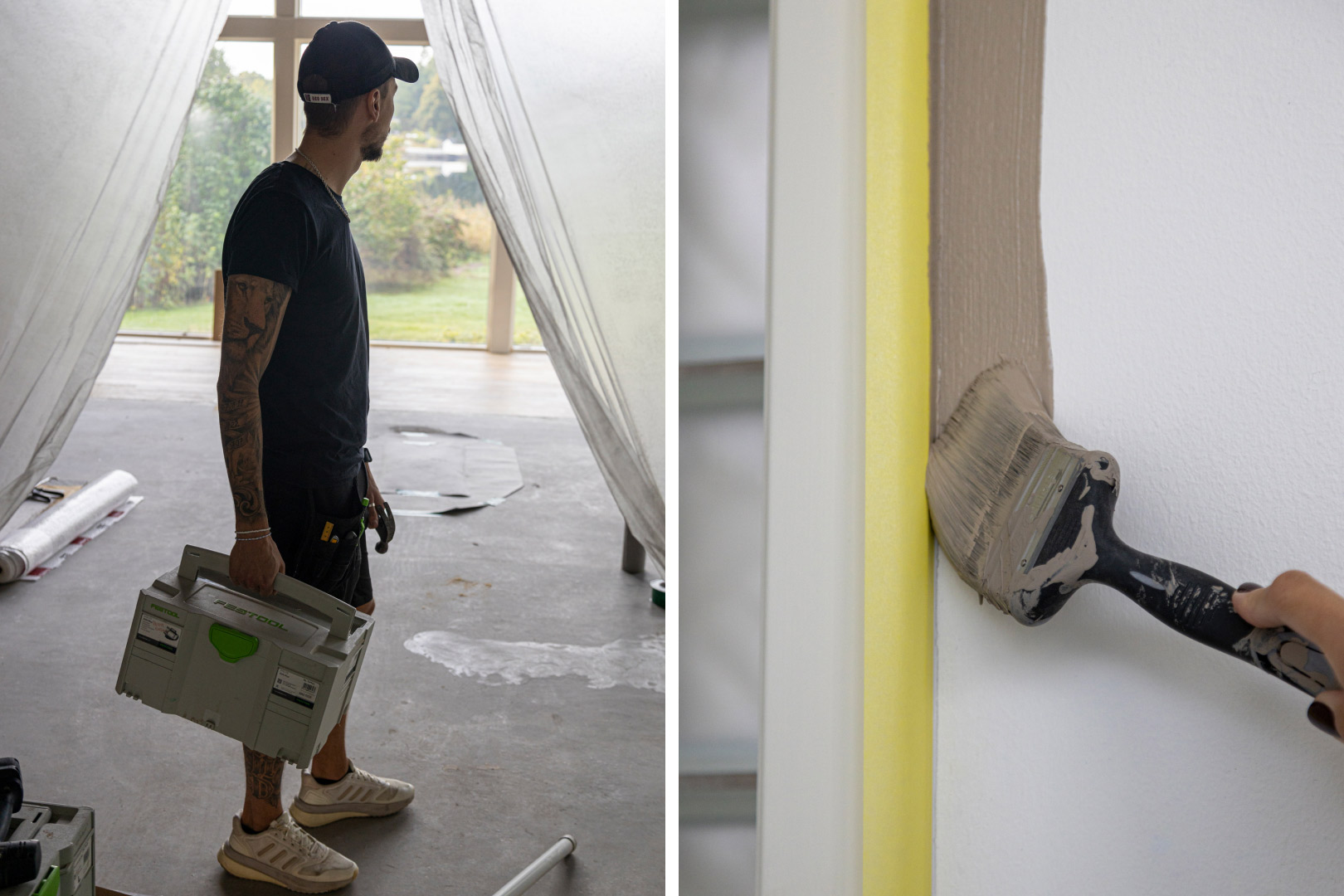 Hantverkare i tomt rum med verktygslåda. Pensel målar vit karm med beige färg och gult tejp.