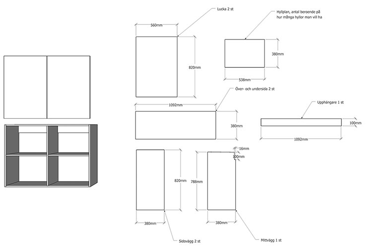 Monteringsritning av tvådörrigt väggskåp med grå sidor, hyllplan och mått i mm.