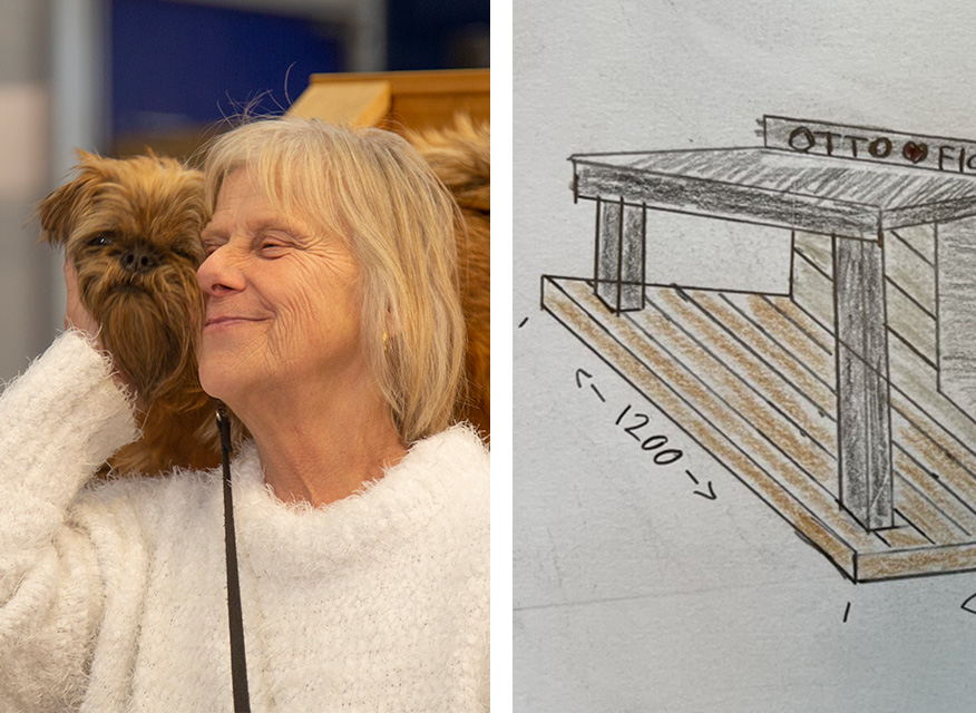 Kvinna i vit stickad tröja med liten brun hund på axeln bredvid handskiss av brunt/grått träbord.