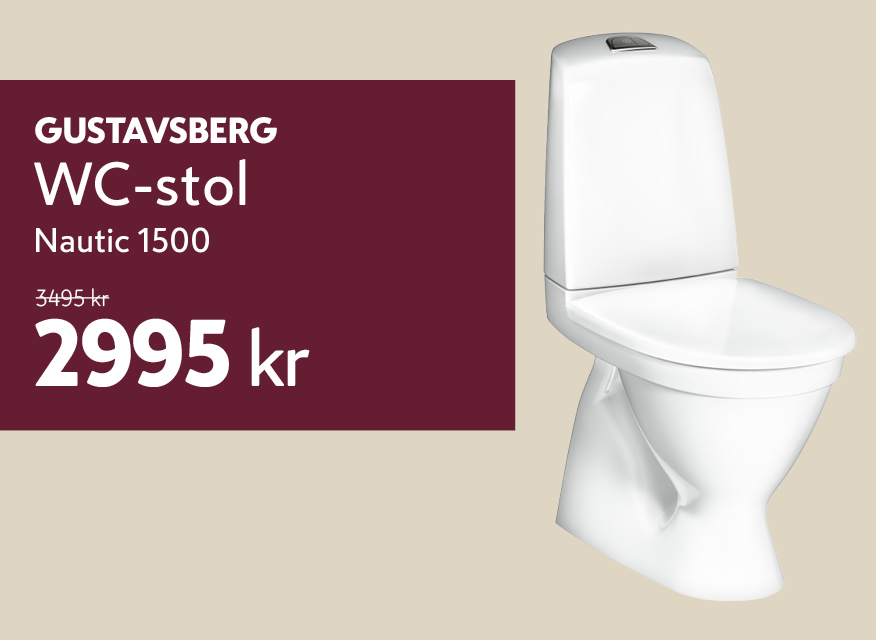 Vit WC-stol av modellen Gustavsberg Nautic 1500. Till vänster finns en mörkröd prisruta som visar ett kampanjpris på 2995 kr (ord. pris 3495 kr).