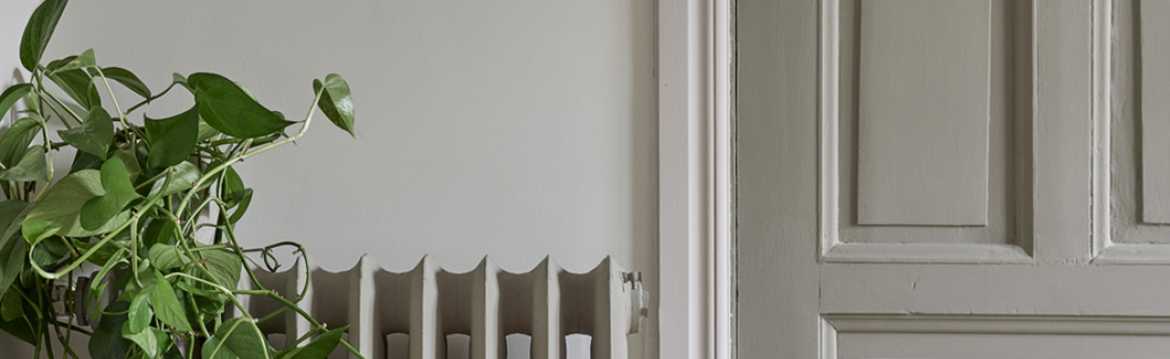 Grön krukväxt intill vitt element och vit spegeldörr mot ljus vägg.