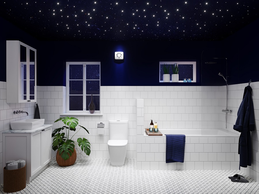Vitt badrum med mörkblå väggar, stjärnbestrött tak, badkar med blå handduk och grön växt
