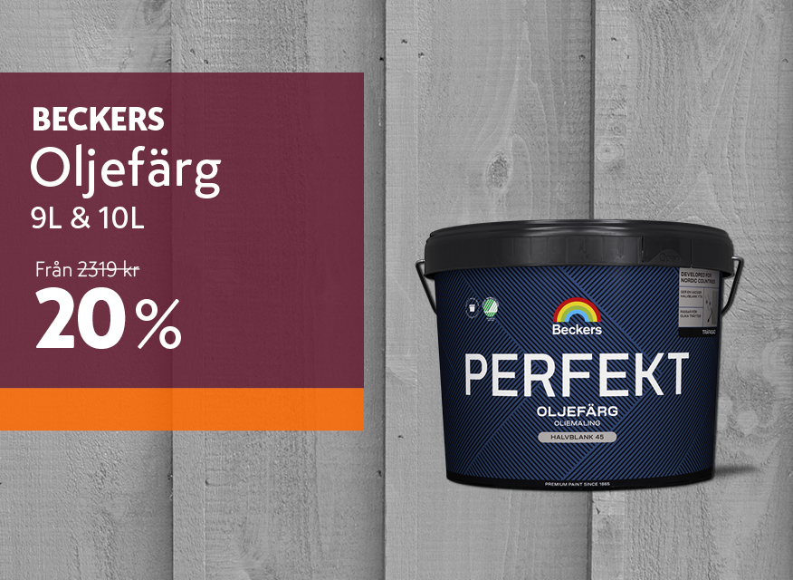  Beckers oljefärg (9 L & 10 L) med en färgburk mot en grå träbakgrund, tillsammans med texten 20 % rabatt.