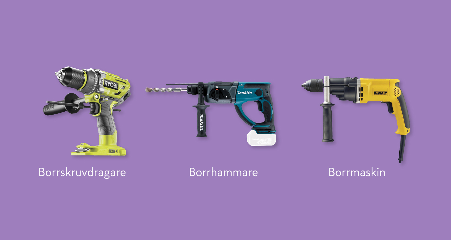 Tre borrar på lila bakgrund: grön Ryobi skruvdragare, blå Makita borrhammare, gul DeWalt borrmaskin