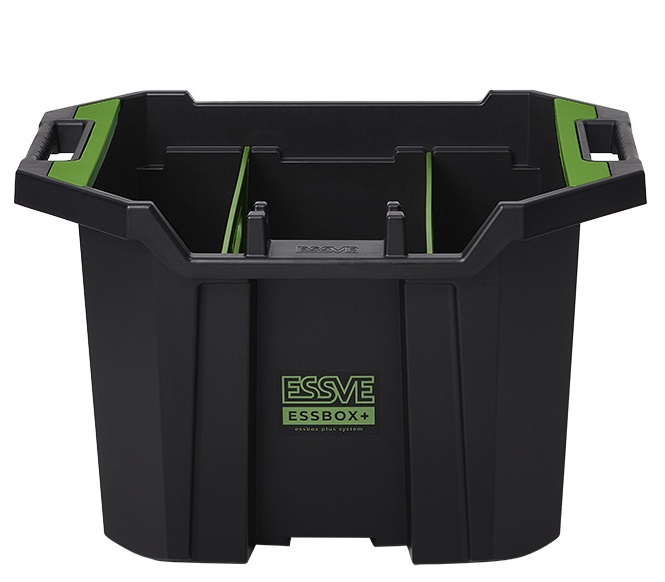 Svart ESSVE ESSBOX+ verktygslåda i plast med gröna handtag och delade fack.