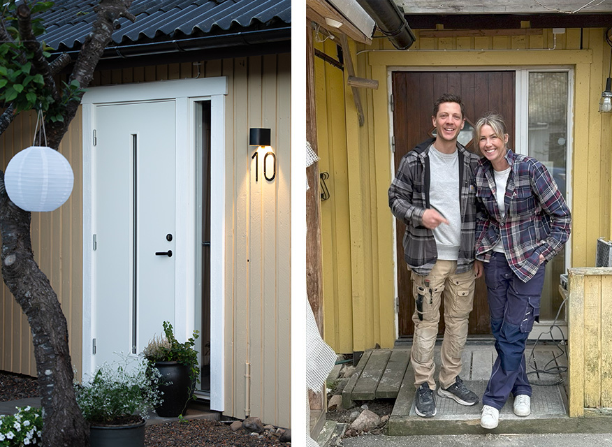 Gult radhus och hantverkare tillsammans med inredare framför huset.