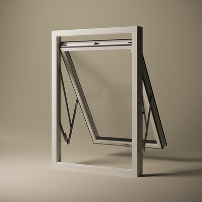 Vitt vridfönster i aluminium mot beige bakgrund, visat i två öppna lägen.