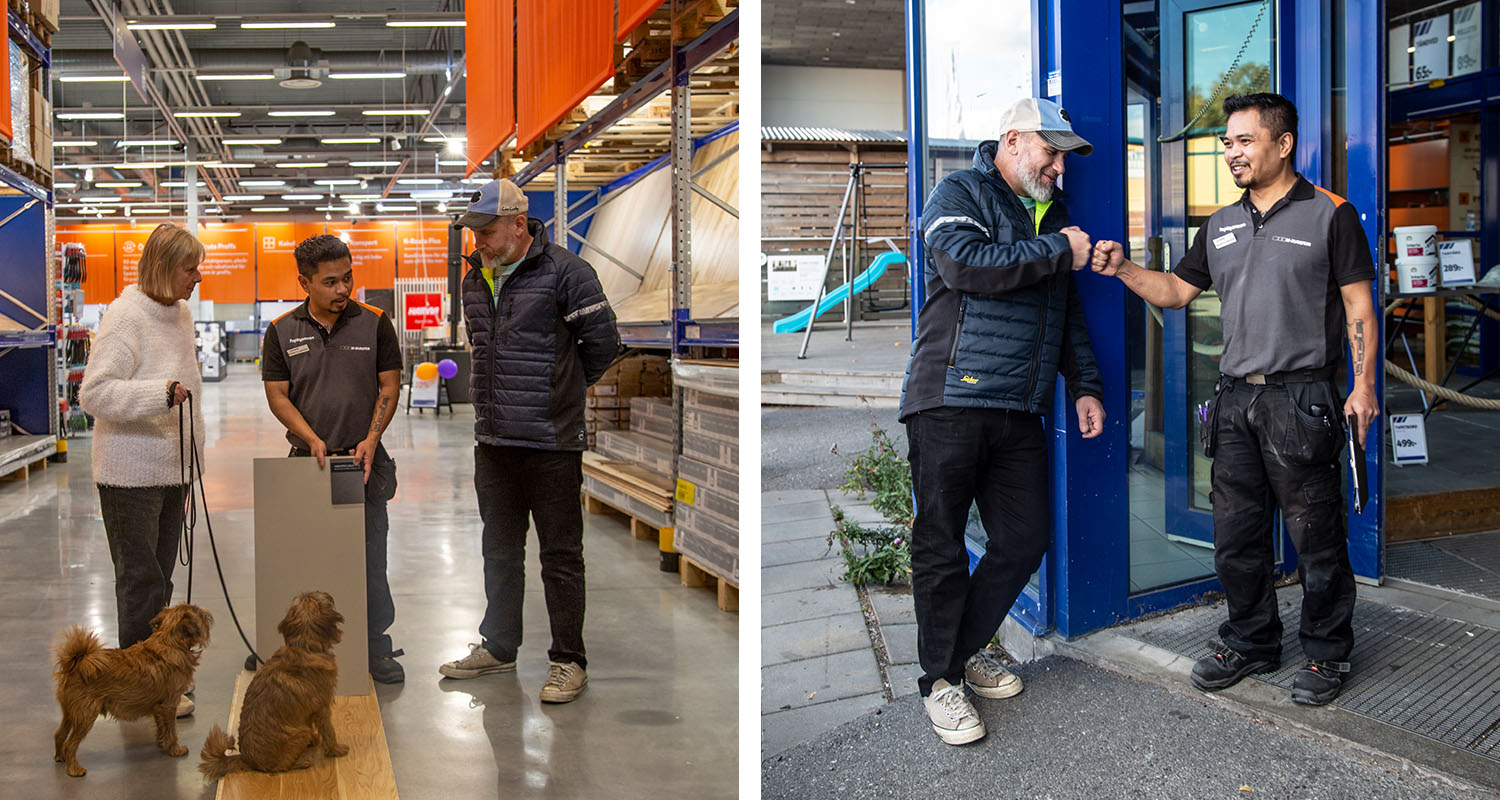 Kund med två bruna hundar jämför golvprover med personal i orange butik, fist bump vid blå entré.