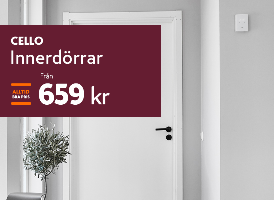 vit innerdörr från Cello tillsammans med en reklamskylt som anger pris från 659 kr.