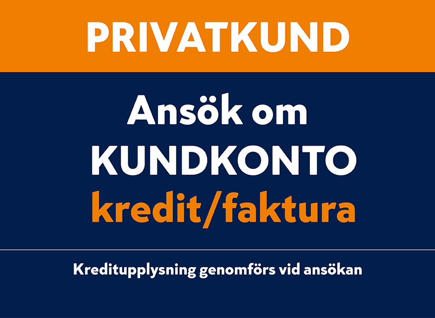 Orange topp: “Privatkund”, blå mitt: “Ansök om kundkonto kredit/faktura” och kreditupplysning.