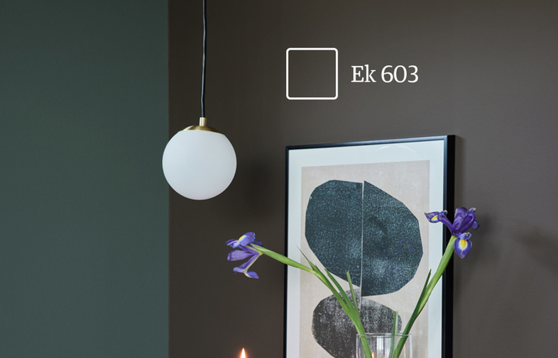 Mörkbrun vägg med vit hänglampa, abstrakt tavelprint, vas med lila irisar och färgkod Ek 603