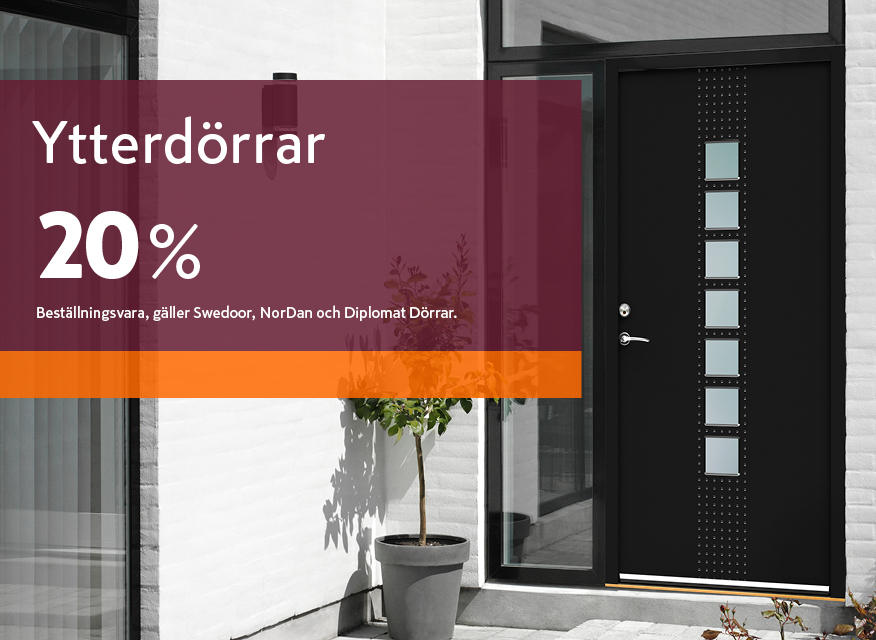 En kampanjruta informerar om 20 % rabatt på ytterdörrar, inklusive beställningsvaror från diplomerade dörrar.