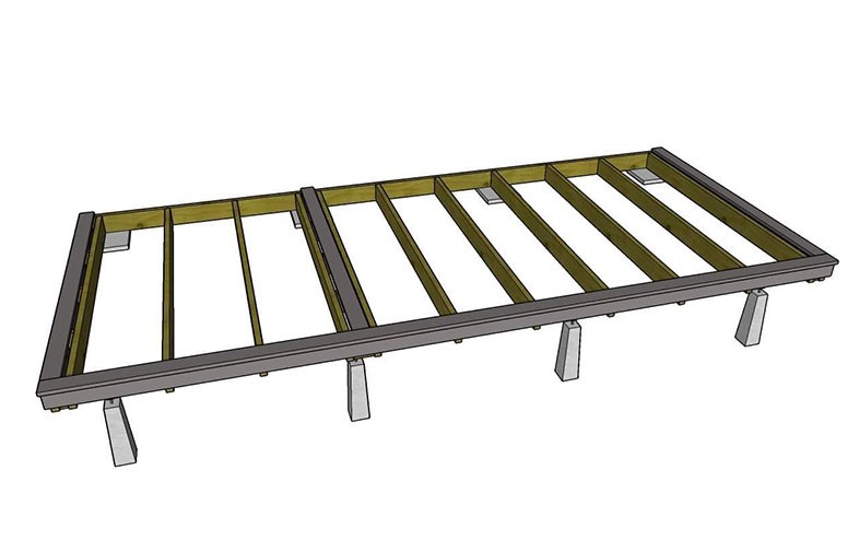 3D-modell av rektangulärt träbjälklag på grå betongpelare, öppen regelkonstruktion