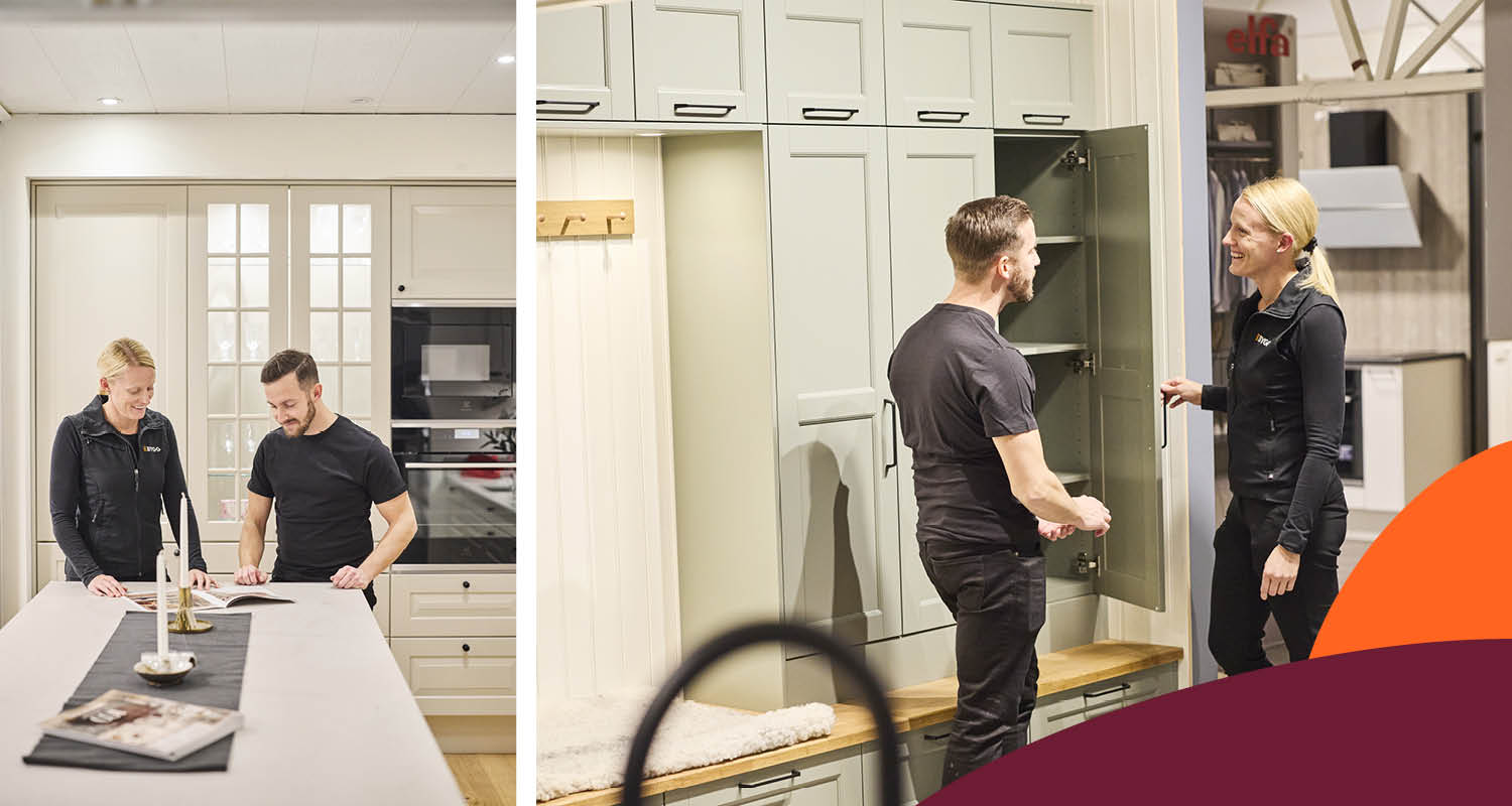 Två personer i ljus köksshowroom granskar vit köksö och gröna höga skåp